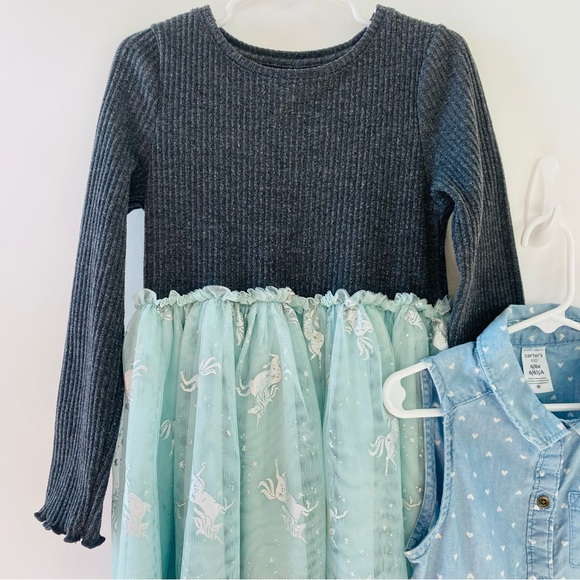 EUC Set of THREE Dresses Kids Size 6/6x Unicorn Floral Denim print hearts - Picture 2 of 10